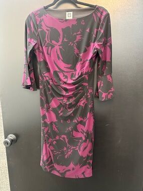 Anne Klein Black and Magenta Floral Ruched Sheath Dress